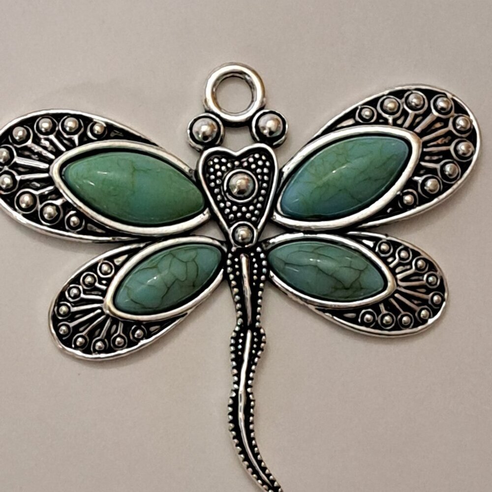 Dragonfly Silver tone Turquoise Emerald Look Pendant